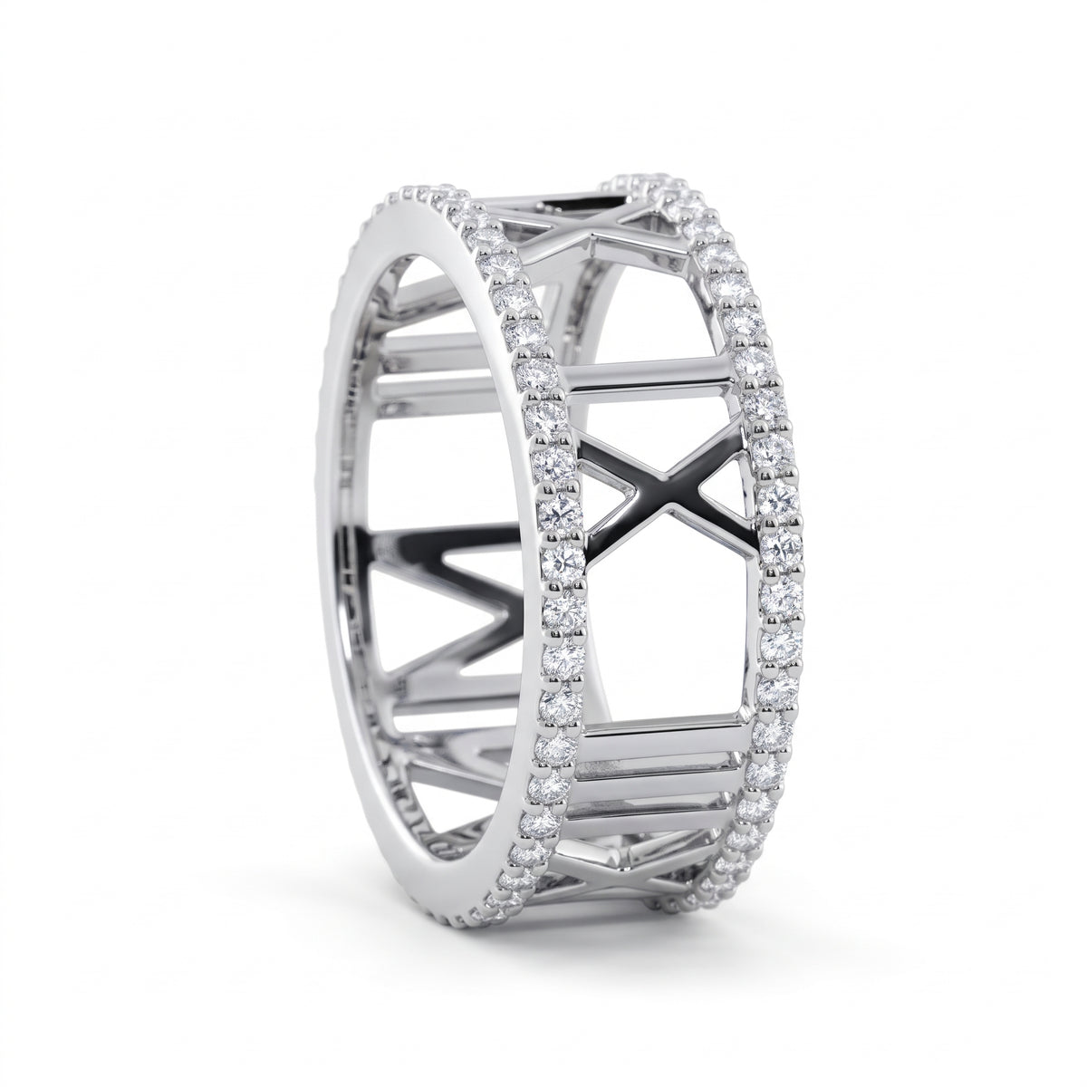Custom Roman numeral wedding date lab grown diamond ring with pavé diamond borders