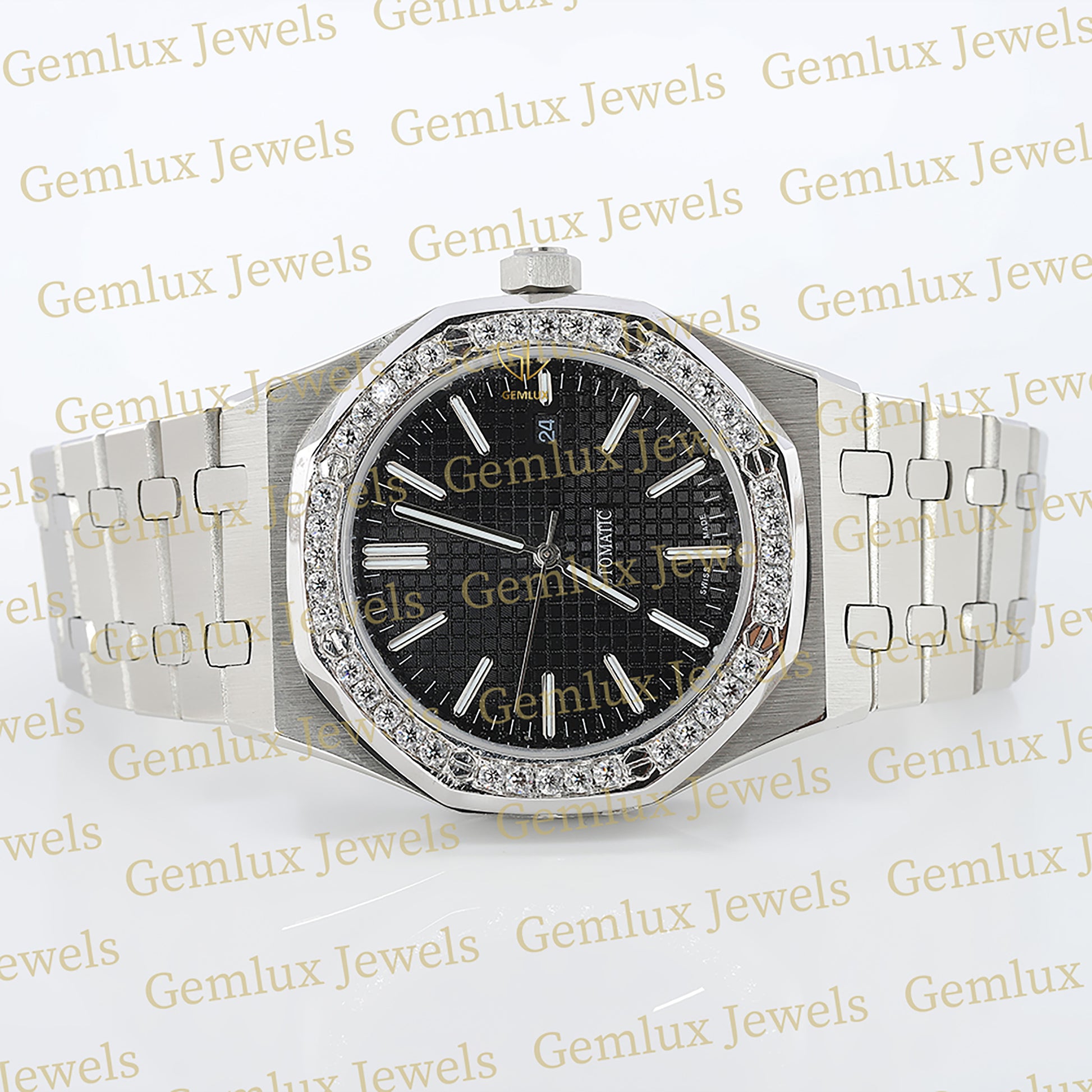 Date Just Black Dial Moissanite Diamond Bezel Wrist Watch For Men