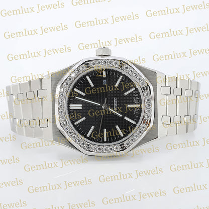 Date Just Black Dial Moissanite Diamond Bezel Wrist Watch For Men