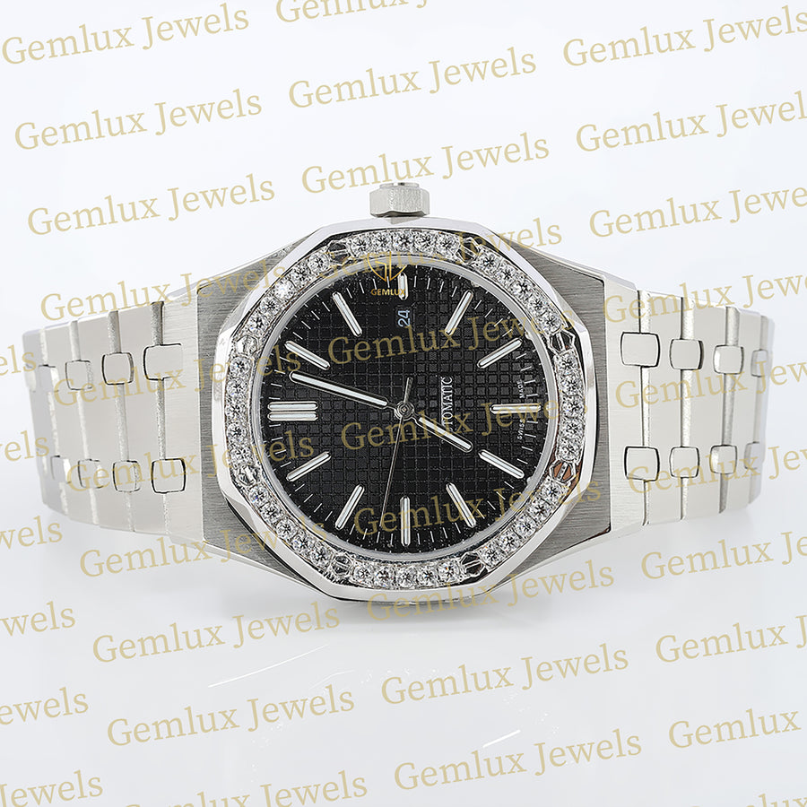 Date Just Black Dial Moissanite Diamond Bezel Wrist Watch For Men