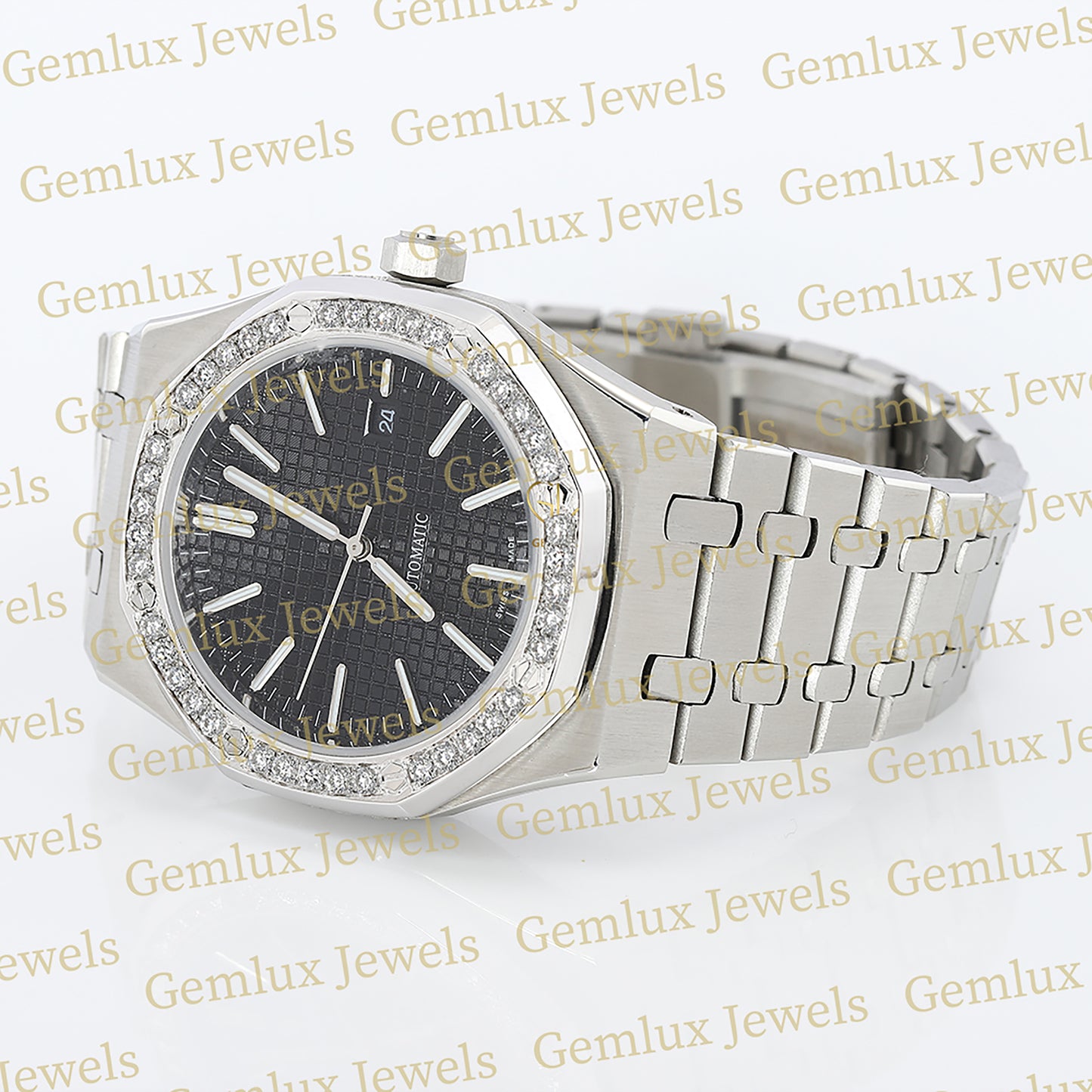 Date Just Black Dial Moissanite Diamond Bezel Wrist Watch For Men