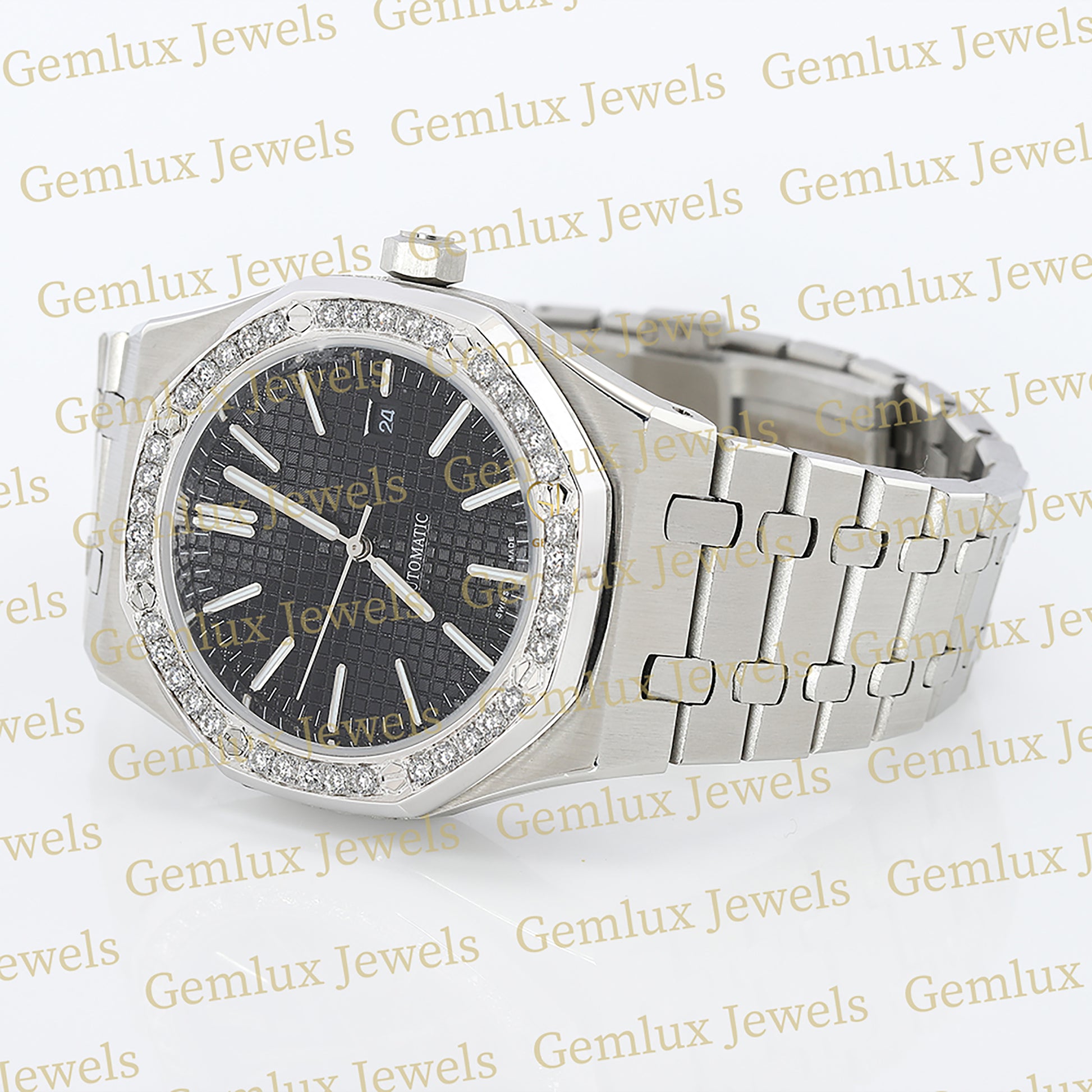 Date Just Black Dial Moissanite Diamond Bezel Wrist Watch For Men