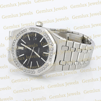 Date Just Black Dial Moissanite Diamond Bezel Wrist Watch For Men