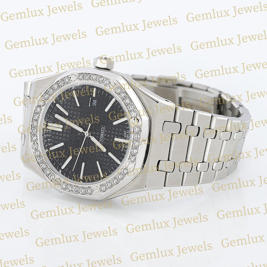 Date Just Black Dial Moissanite Diamond Bezel Wrist Watch For Men
