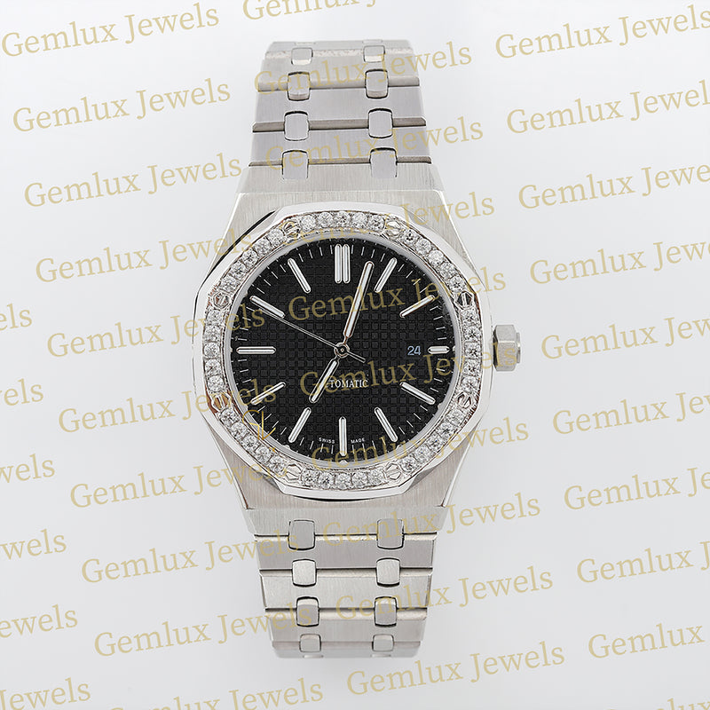 Date Just Black Dial Moissanite Diamond Bezel Wrist Watch For Men