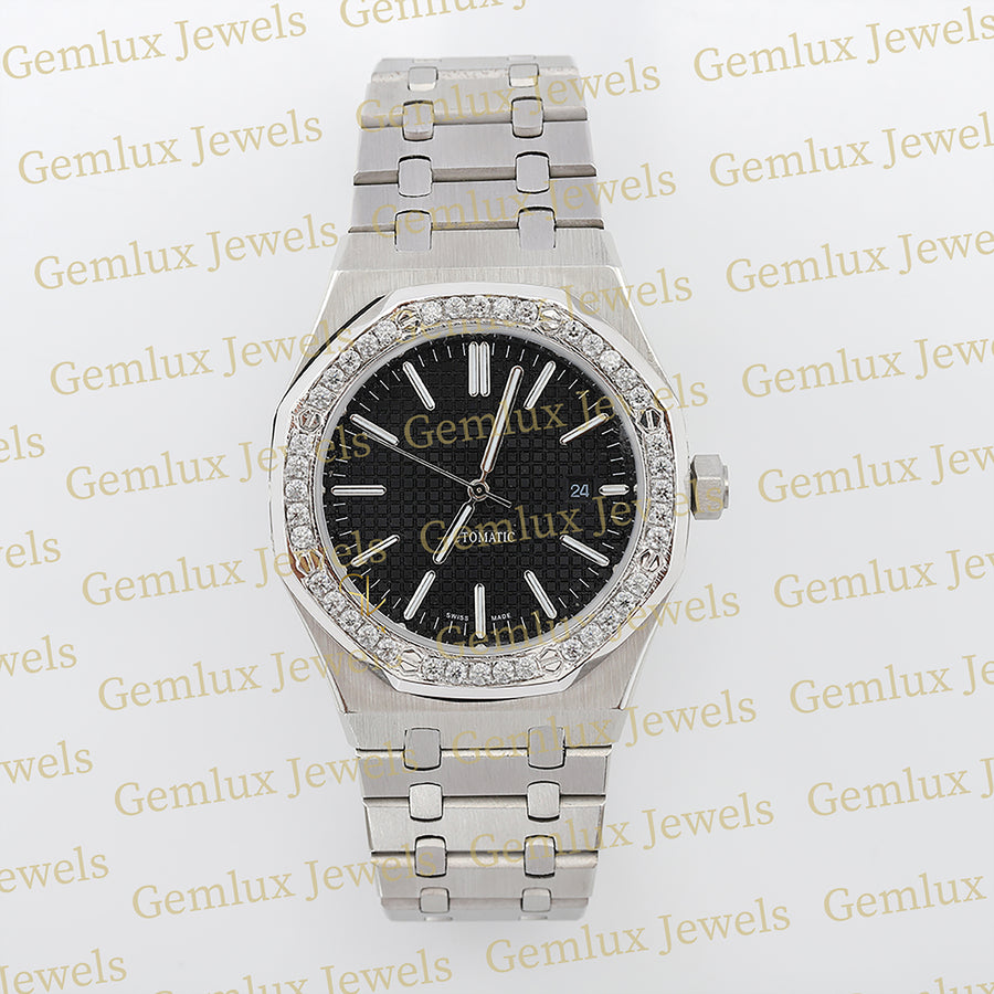 Date Just Black Dial Moissanite Diamond Bezel Wrist Watch For Men