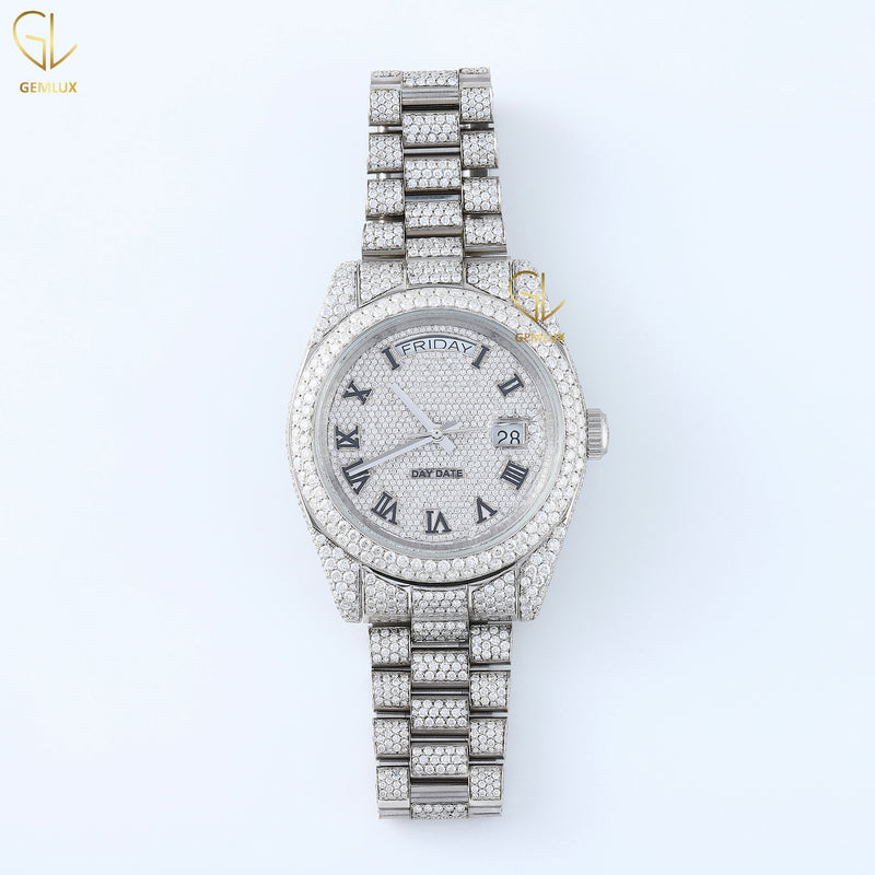 Day Date Roman Dial Automatic Movement Iced Out Lab Grown Hip Hop Watch