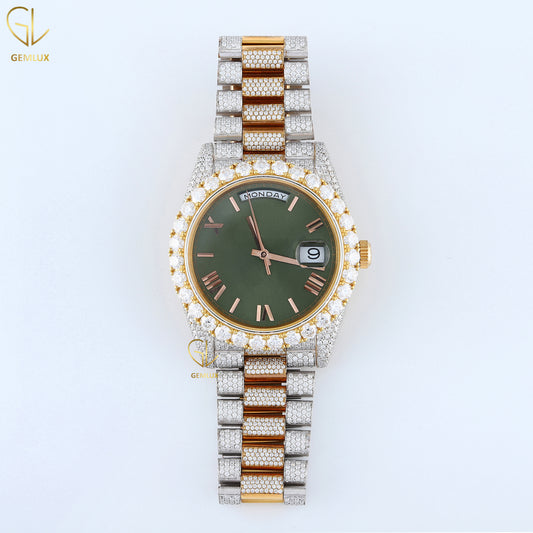 Day Date Roman Green Dial Iced Out Lab Grown Diamond Watch