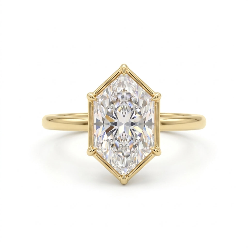 Dutch marquise-cut lab-grown diamond solitaire engagement ring with a six-claw framed setting and polished yellow-gold band.