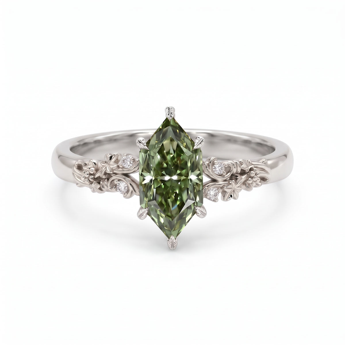Fancy green marquise-cut lab-grown diamond engagement ring with a vintage gold vine band and round diamond accents