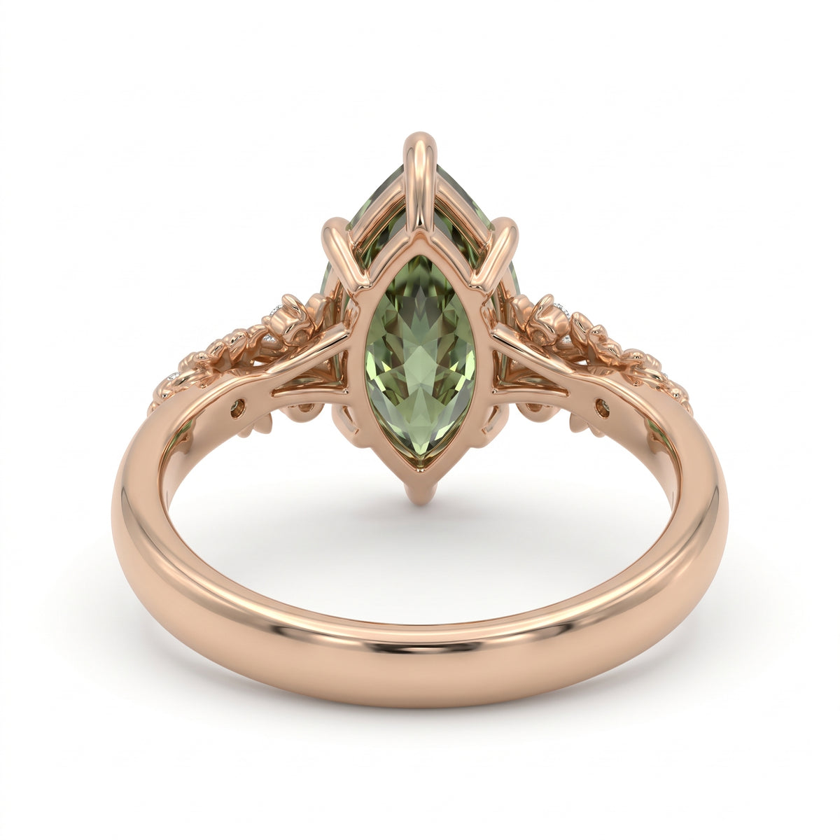 Fancy green marquise-cut lab-grown diamond engagement ring with a vintage gold vine band and round diamond accents