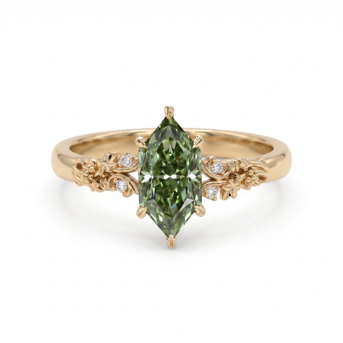 Fancy green marquise-cut lab-grown diamond engagement ring with a vintage gold vine band and round diamond accents