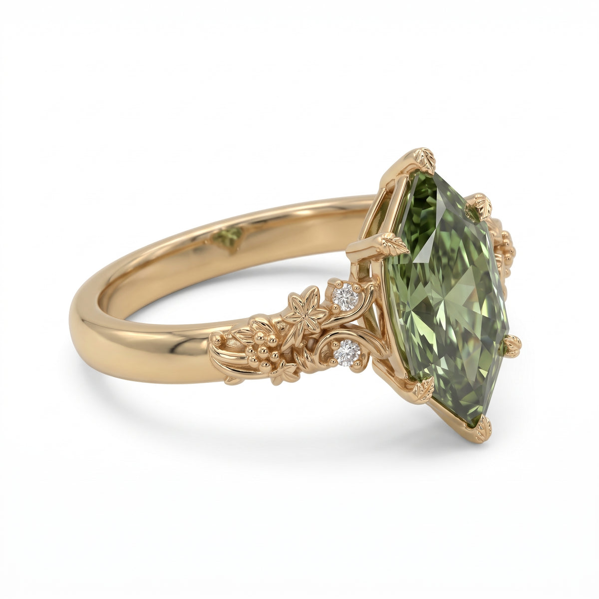 Fancy green marquise-cut lab-grown diamond engagement ring with a vintage gold vine band and round diamond accents