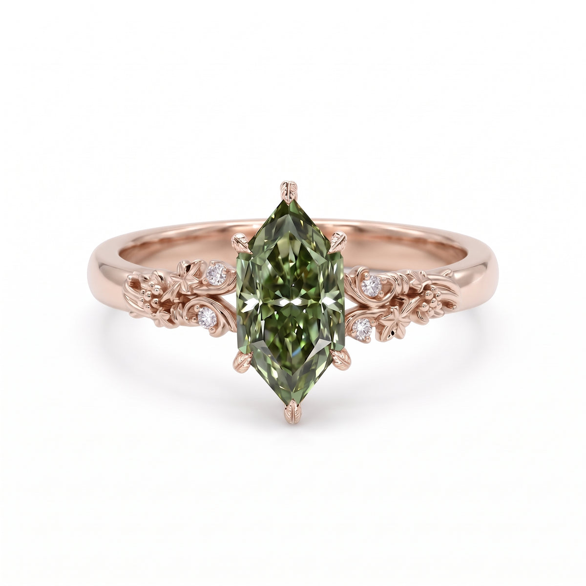Fancy green marquise-cut lab-grown diamond engagement ring with a vintage gold vine band and round diamond accents