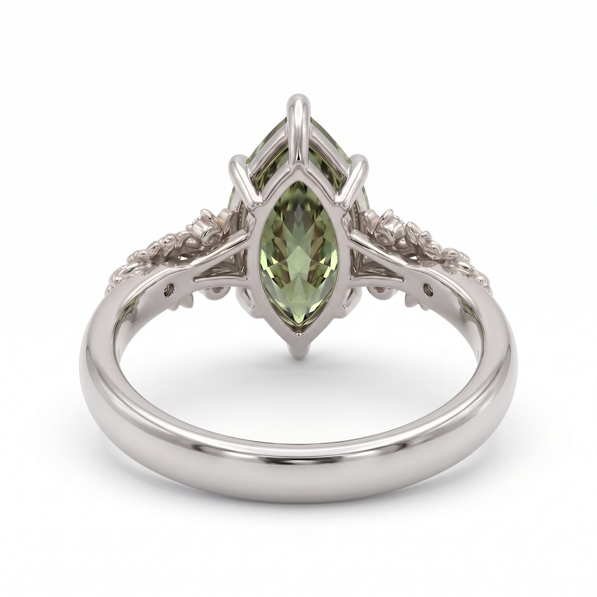 Fancy green marquise-cut lab-grown diamond engagement ring with a vintage gold vine band and round diamond accents