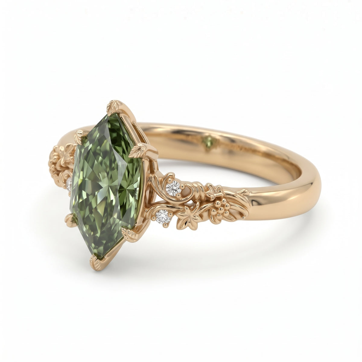 Fancy green marquise-cut lab-grown diamond engagement ring with a vintage gold vine band and round diamond accents