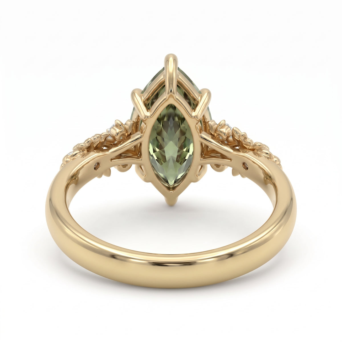 Fancy green marquise-cut lab-grown diamond engagement ring with a vintage gold vine band and round diamond accents