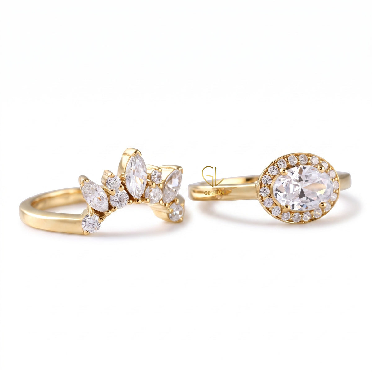 East To West Oval Moissanite Ring With Curved Matching Bridal Ring Set
