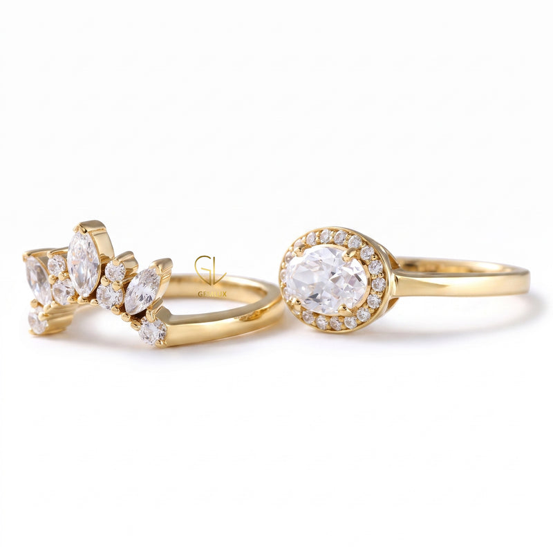 East To West Oval Moissanite Ring With Curved Matching Bridal Ring Set
