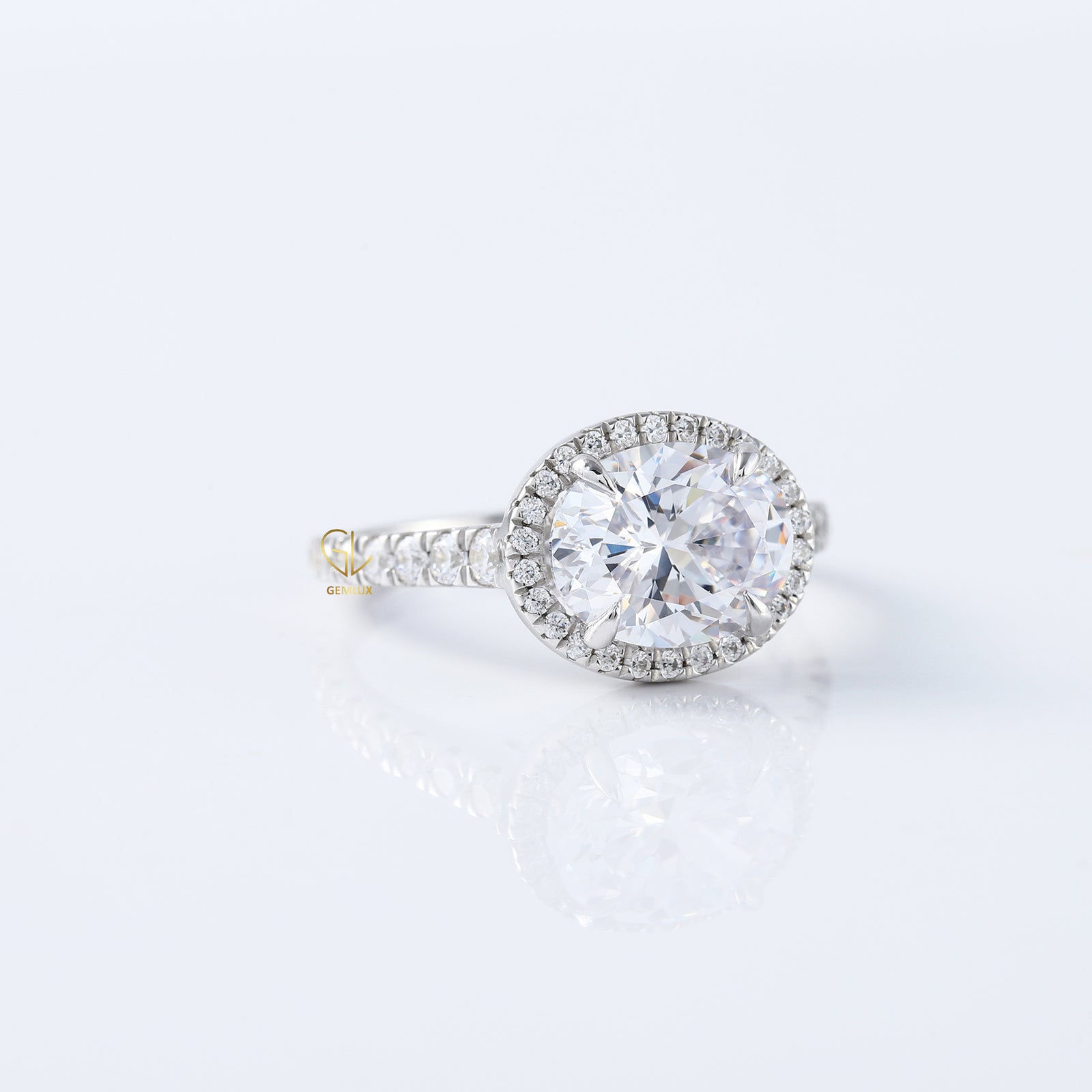East West Oval Cut Lab Grown Halo Engagement Ring