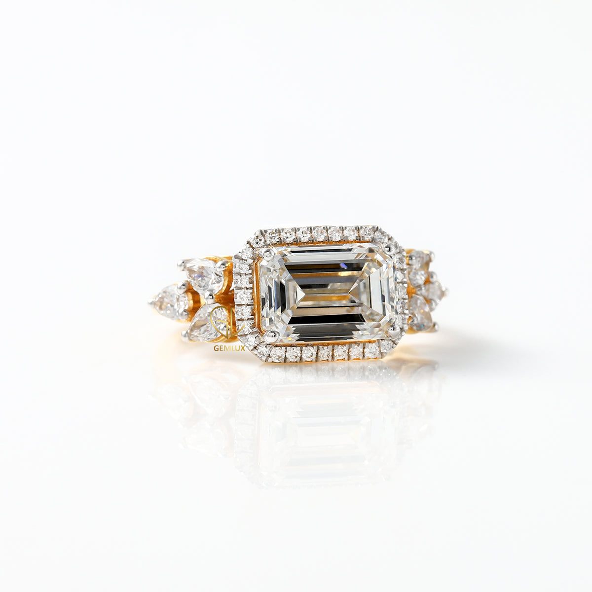 East West 3 ct Emerald Cut Lab Grown Halo Engagement Ring
