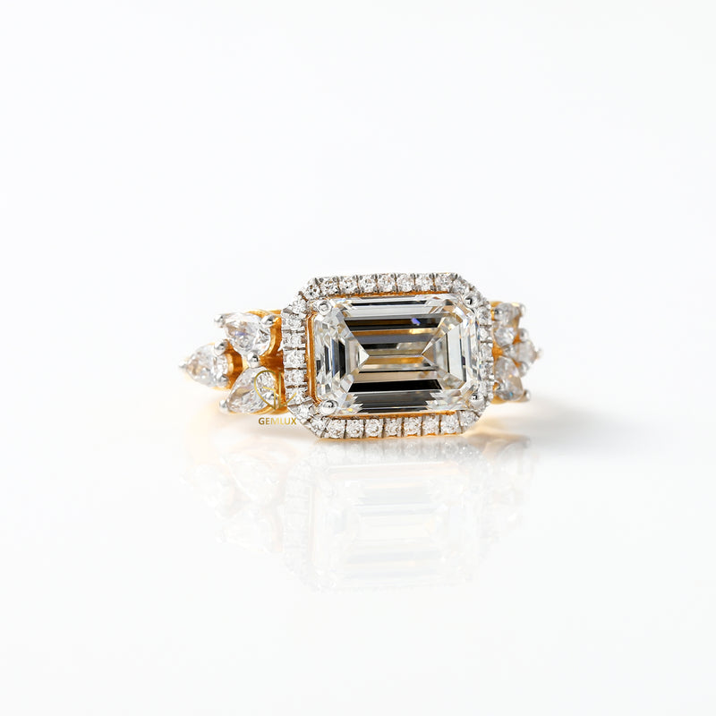 East West 3 ct Emerald Cut Lab Grown Halo Engagement Ring