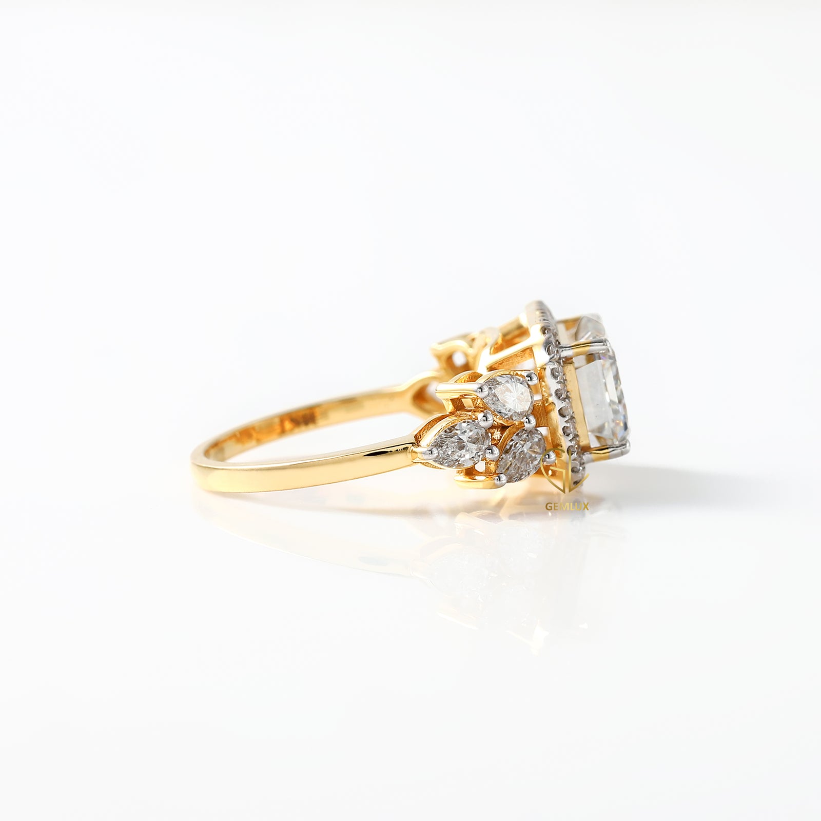 East West 3 ct Emerald Cut Lab Grown Halo Engagement Ring