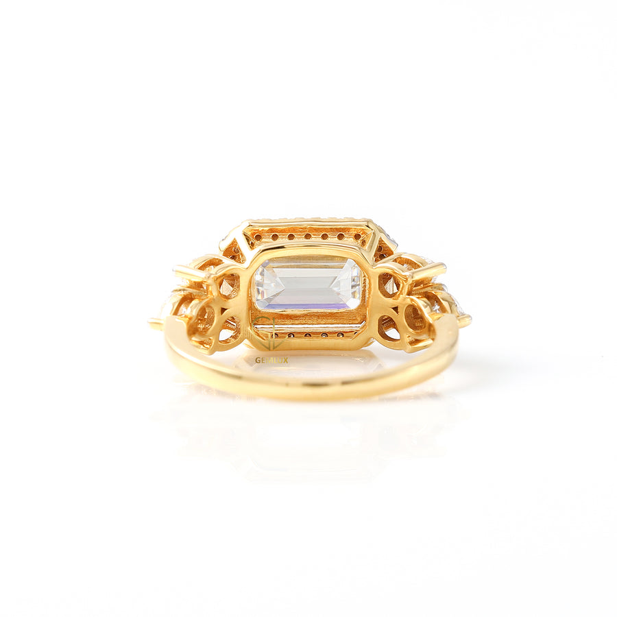 East West 3 ct Emerald Cut Lab Grown Halo Engagement Ring