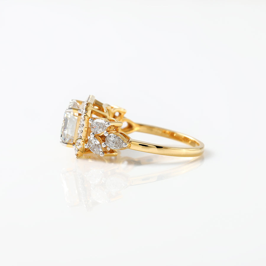 East West 3 ct Emerald Cut Lab Grown Halo Engagement Ring