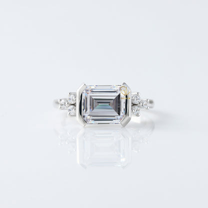 East West Emerald Cut Moissanite Diamond Solitaire Engagement Ring