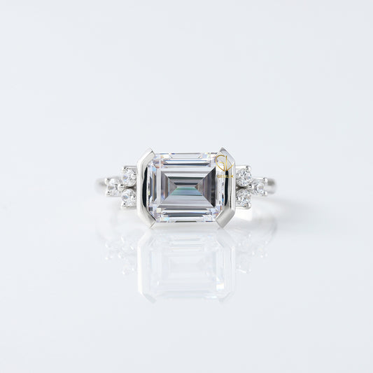 East West Emerald Cut Moissanite Diamond Solitaire Engagement Ring