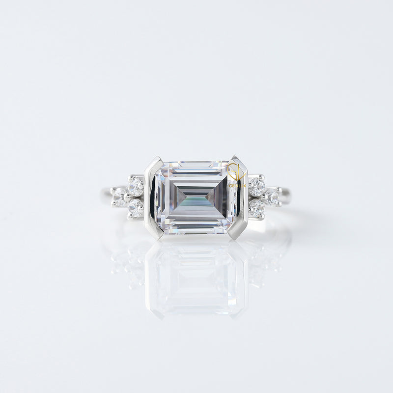 East West Emerald Cut Moissanite Diamond Solitaire Engagement Ring