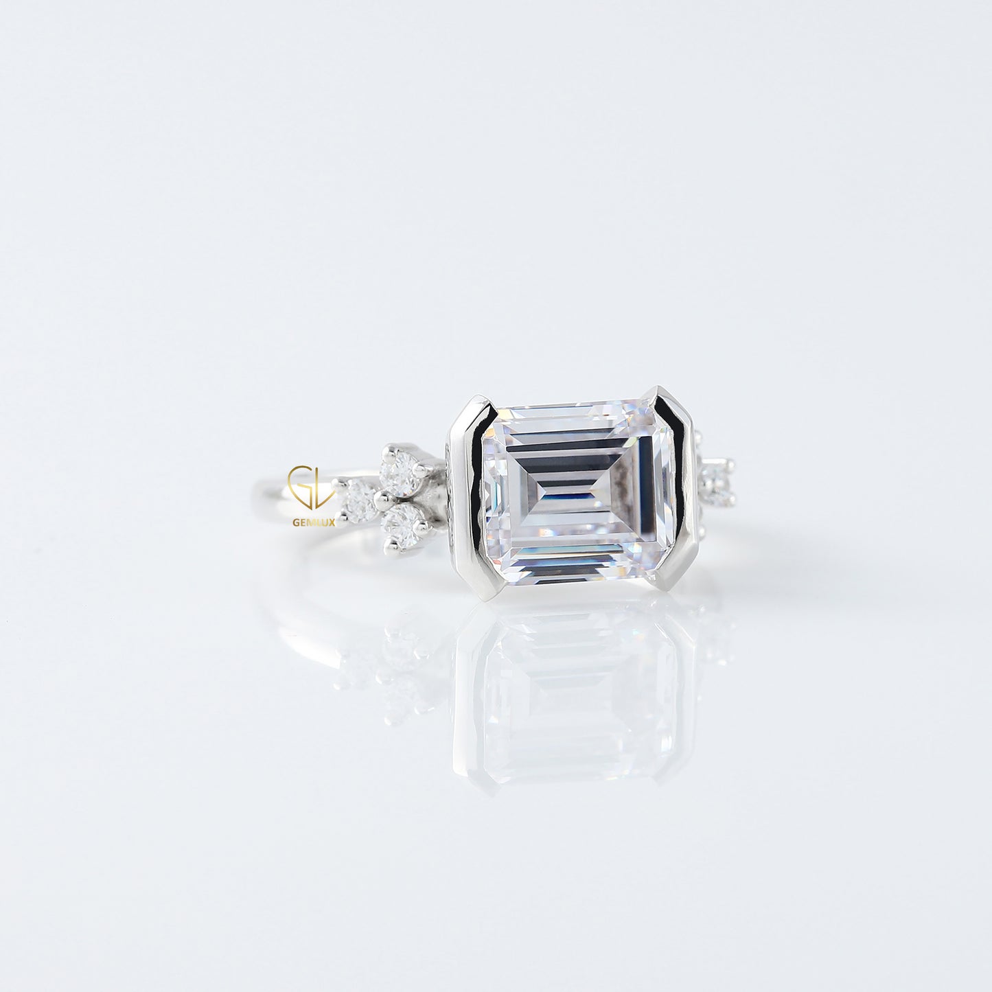 East West Emerald Cut Moissanite Diamond Solitaire Engagement Ring