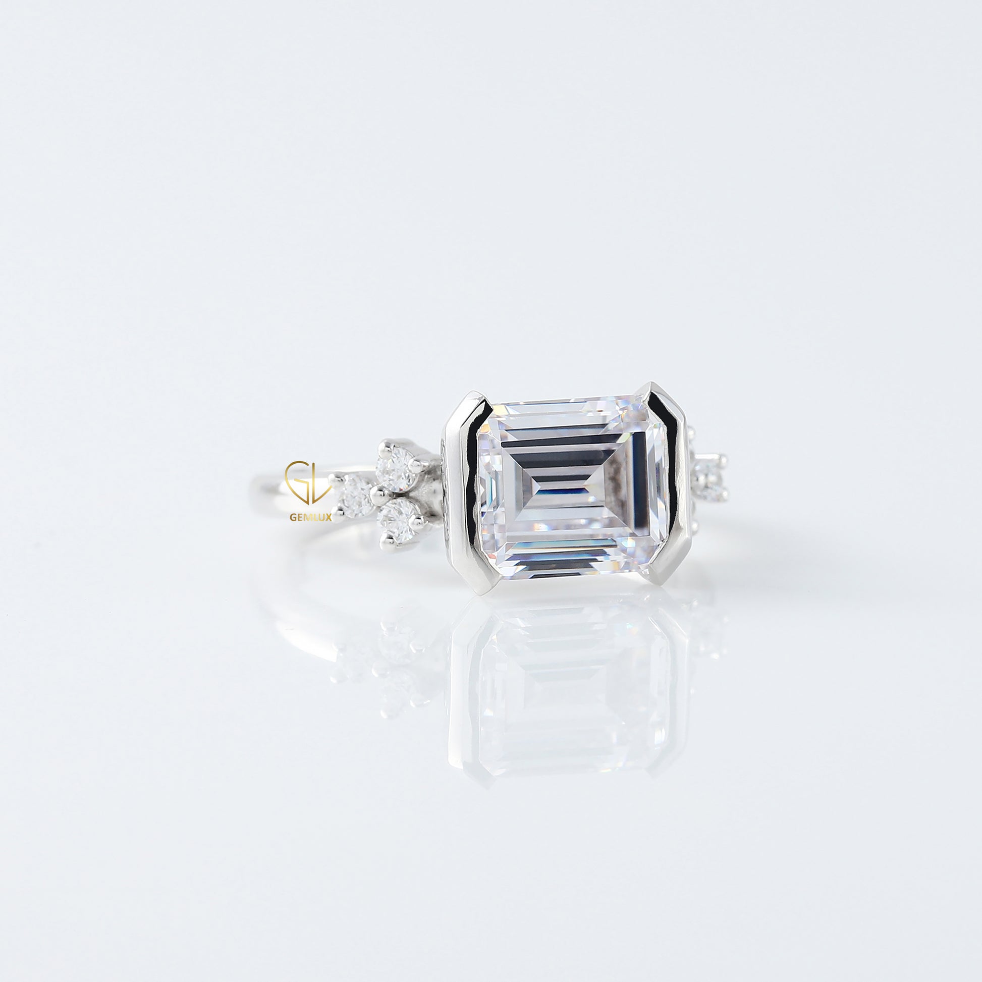 East West Emerald Cut Moissanite Diamond Solitaire Engagement Ring