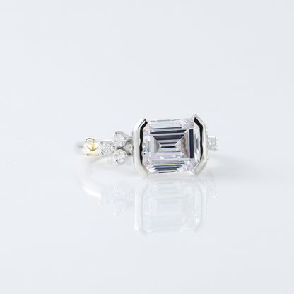 East West Emerald Cut Moissanite Diamond Solitaire Engagement Ring
