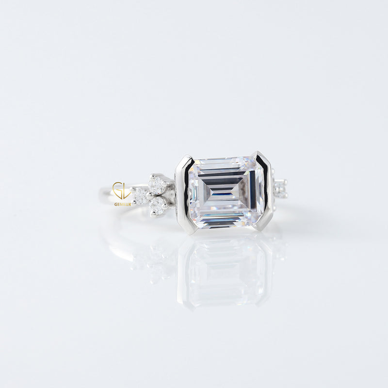 East West Emerald Cut Moissanite Diamond Solitaire Engagement Ring