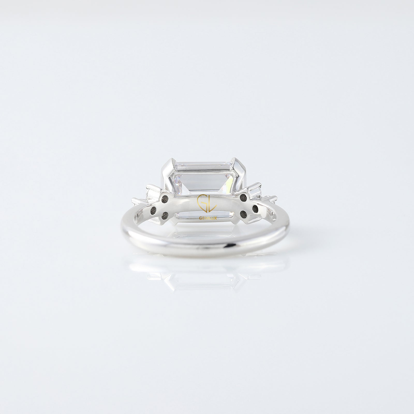East West Emerald Cut Moissanite Diamond Solitaire Engagement Ring