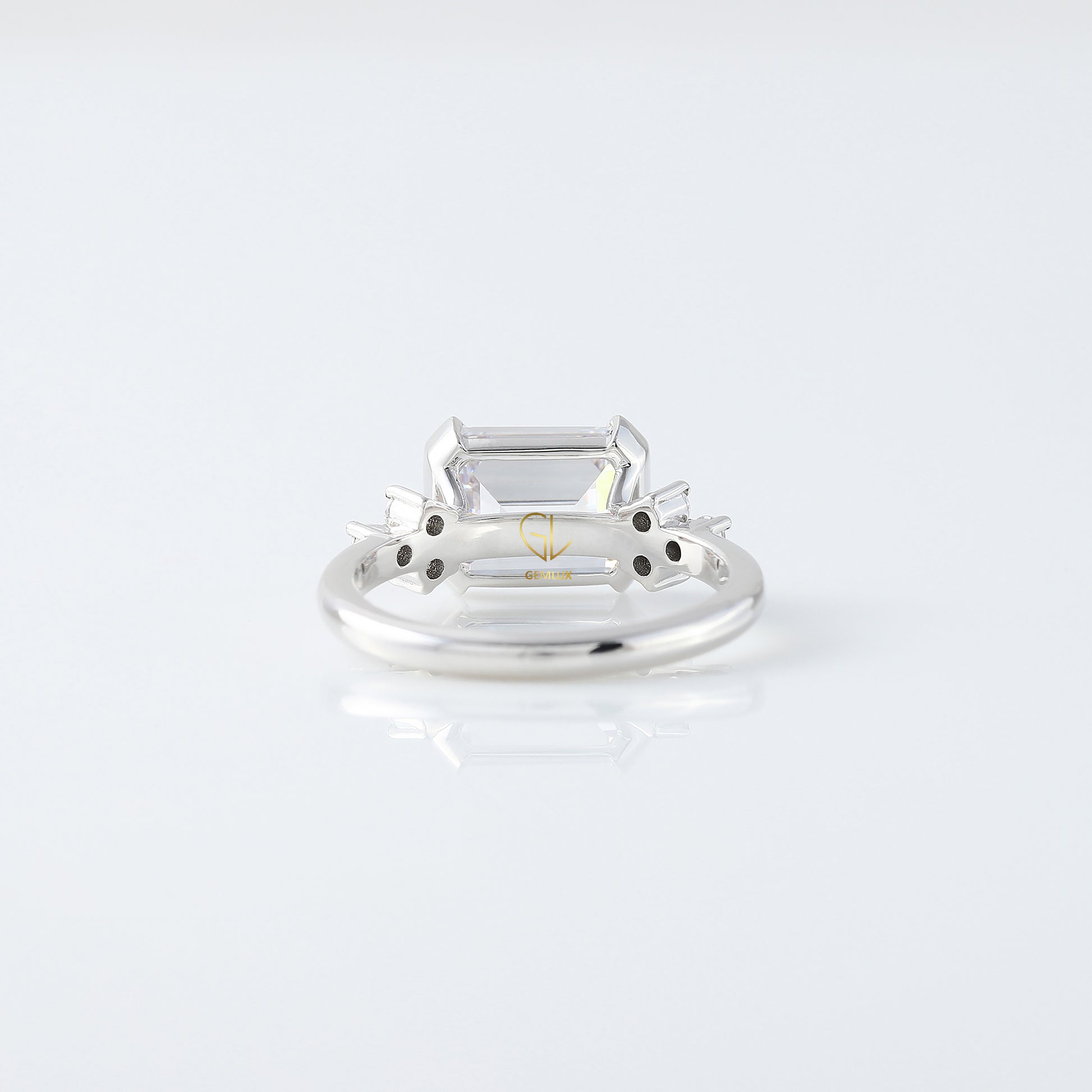 East West Emerald Cut Moissanite Diamond Solitaire Engagement Ring