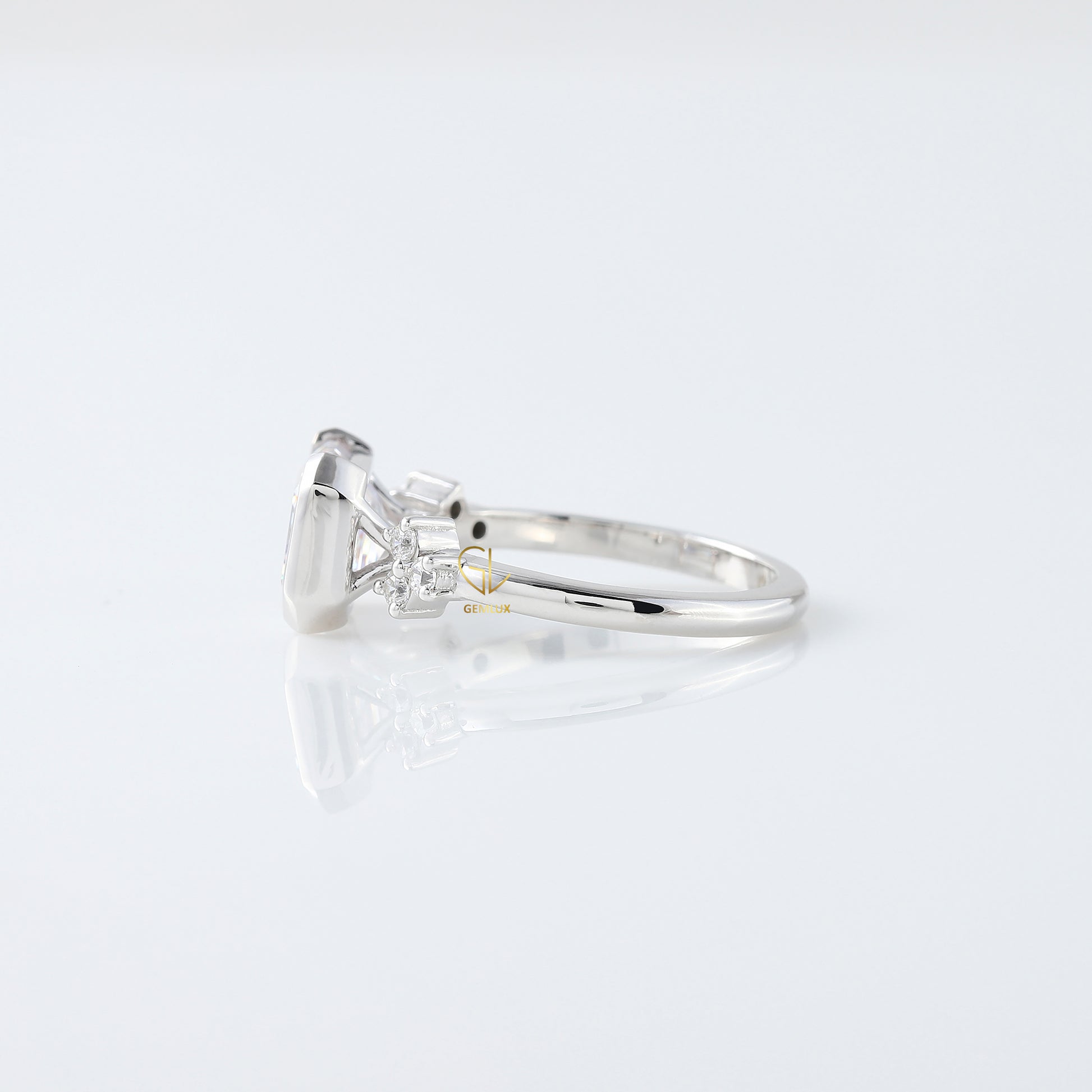 East West Emerald Cut Moissanite Diamond Solitaire Engagement Ring