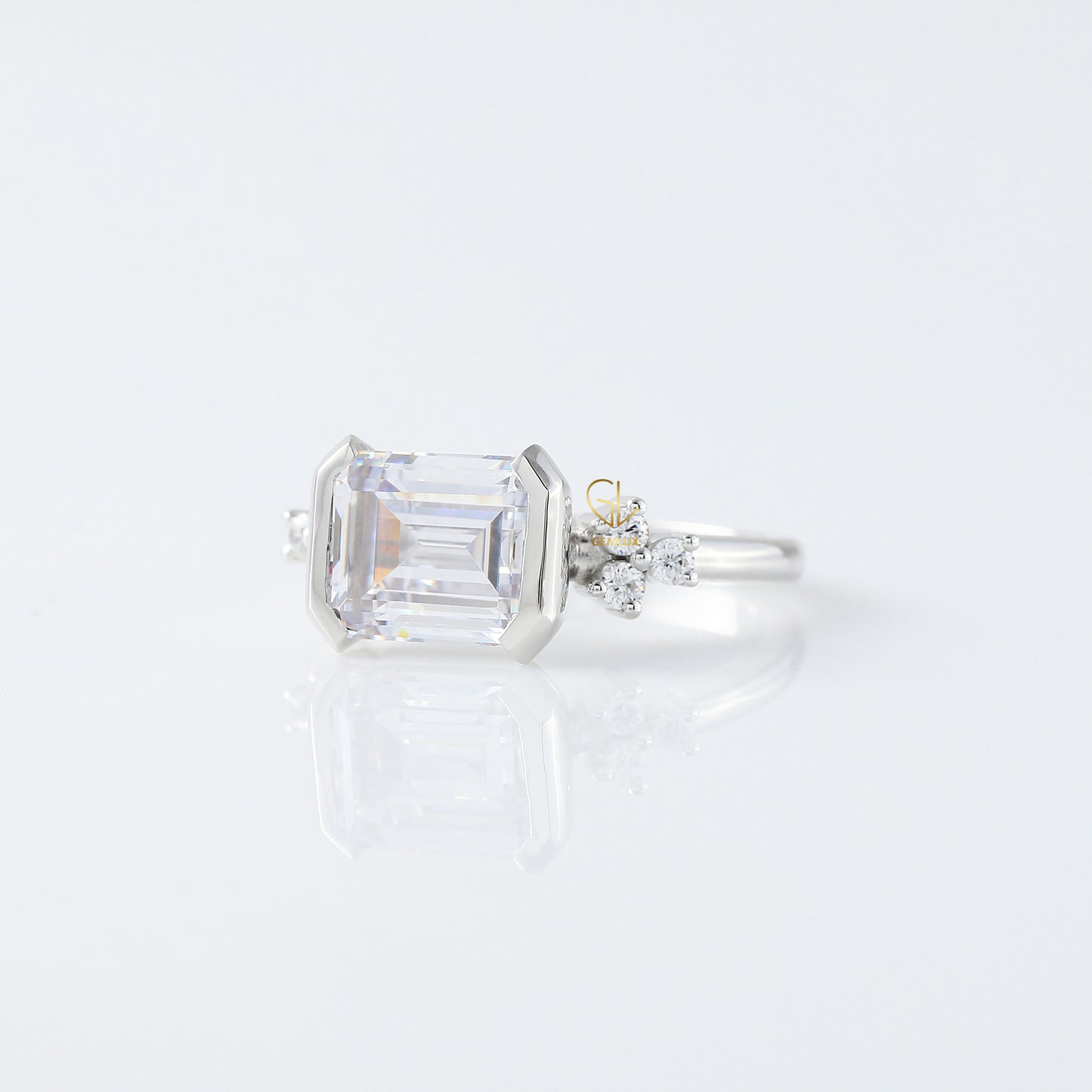 East West Emerald Cut Moissanite Diamond Solitaire Engagement Ring