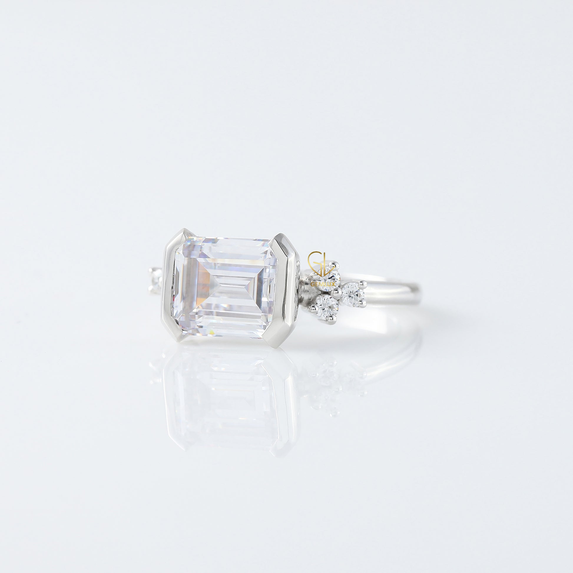 East West Emerald Cut Moissanite Diamond Solitaire Engagement Ring