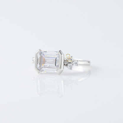 East West Emerald Cut Moissanite Diamond Solitaire Engagement Ring