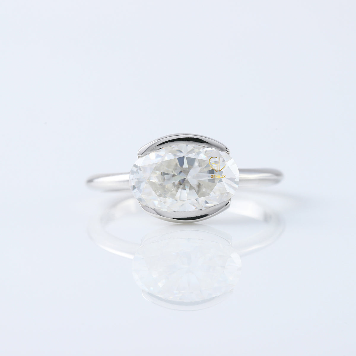 East West Oval Lab Grown Diamond Solitaire Ring - Half Bezel