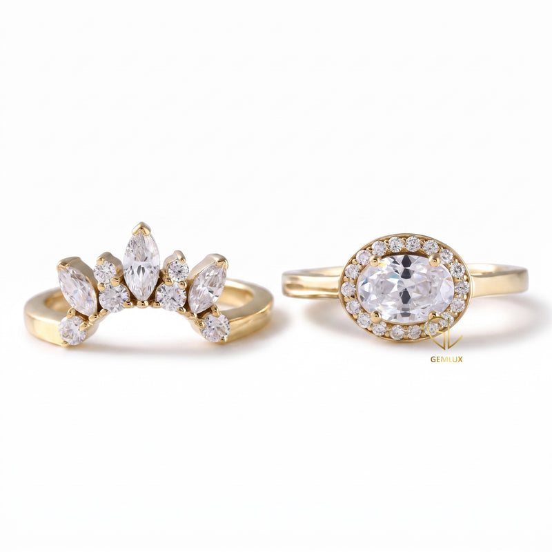 East To West Oval Moissanite Ring With Curved Matching Bridal Ring Set