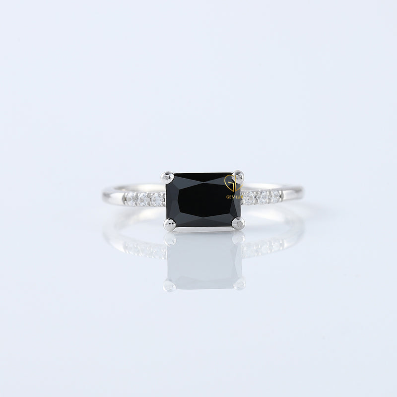 East to West 1.5 Ct Radiant Cut Black Moissanite Solitaire With Accent Ring