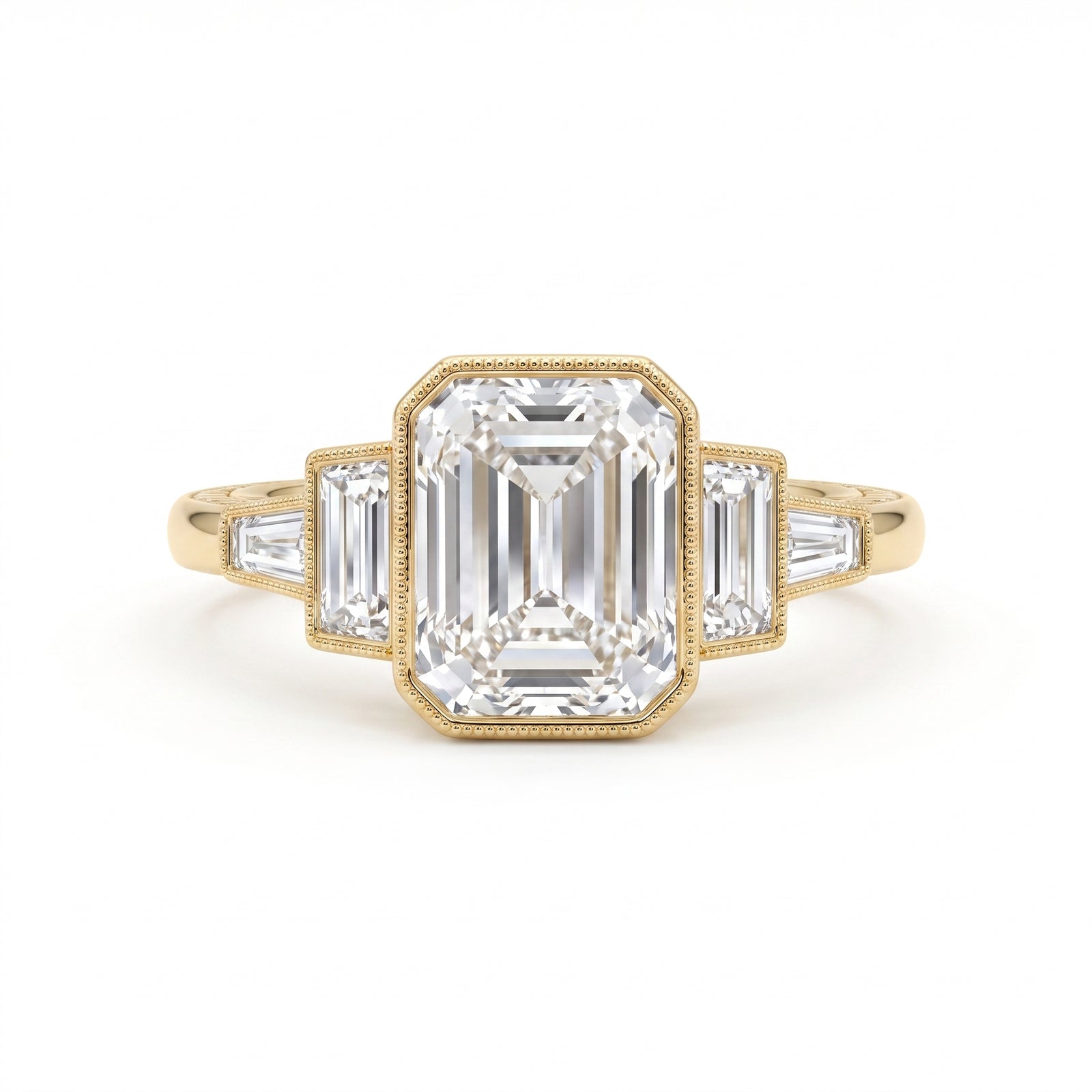 Emerald-cut lab-grown diamond five-stone engagement ring with emerald side stones, tapered baguettes and milgrain yellow-gold settings.