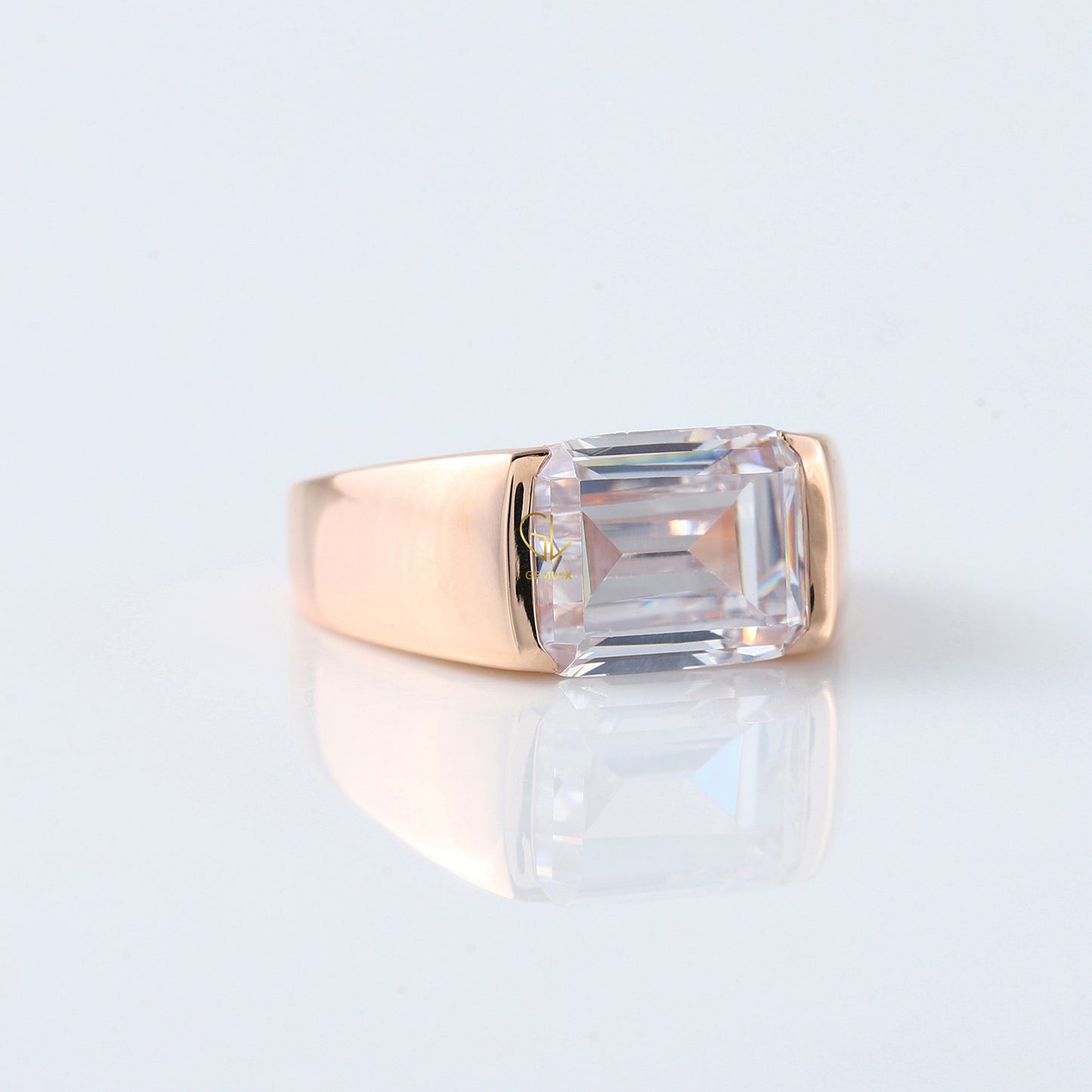 Emerald Cut Moissanite Diamond East To West Solitaire Ring