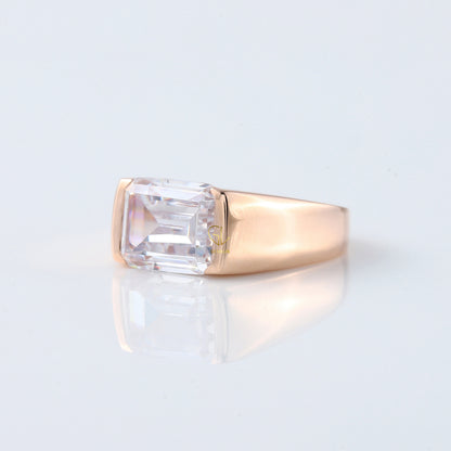 Emerald Cut Moissanite Diamond East To West Solitaire Ring