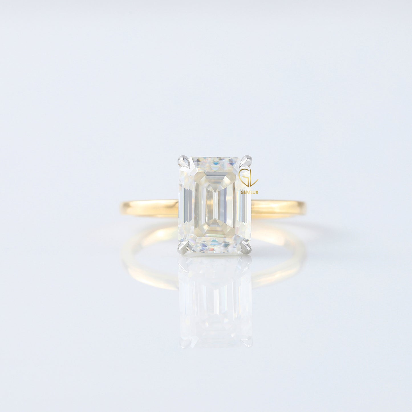 Emerald Cut Moissanite Solitaire Two Tone Engagement Ring