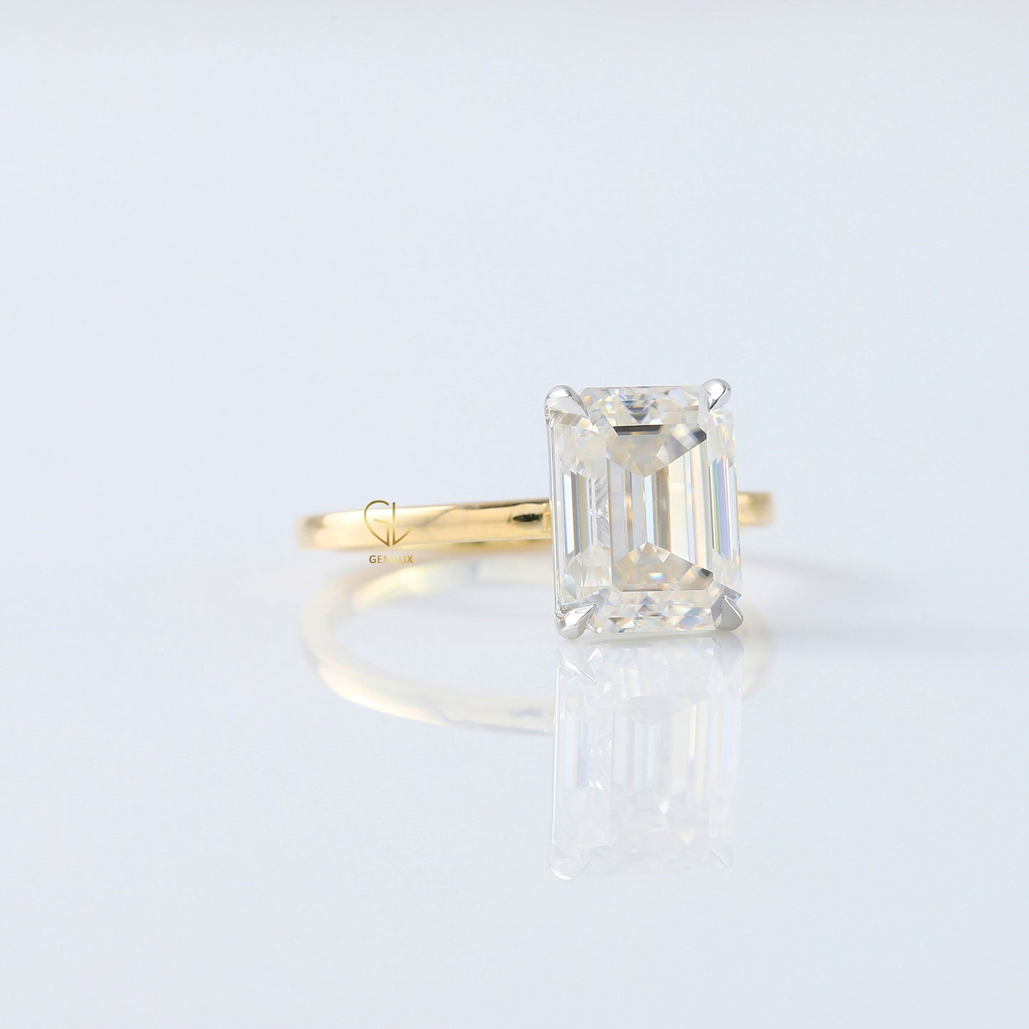 Emerald Cut Moissanite Solitaire Two Tone Engagement Ring